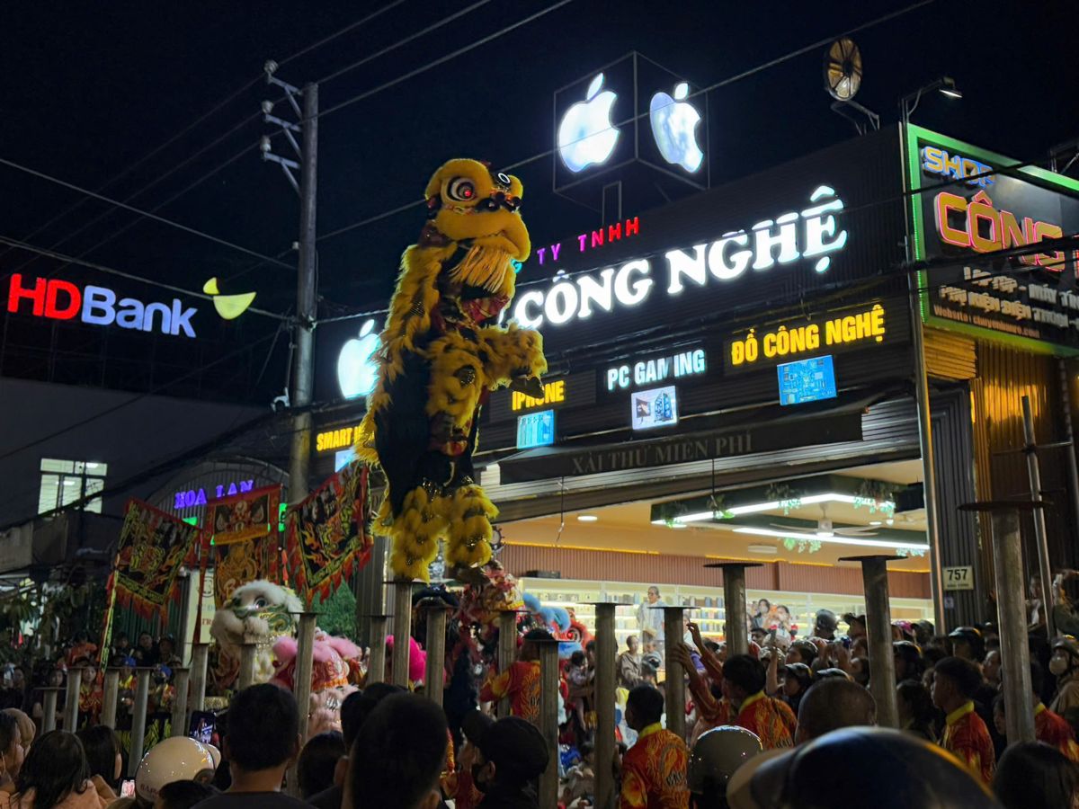 Lân trên cột mai hoa trước cửa hàng Shop Công Nghệ